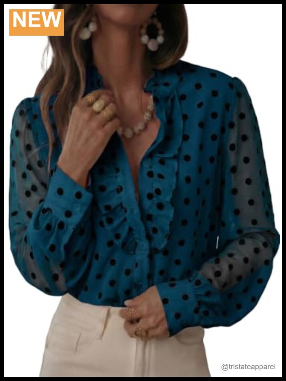 Women's Double Lined Polka Dot Blouse Mesh Sleeve Mock Neck Button Up